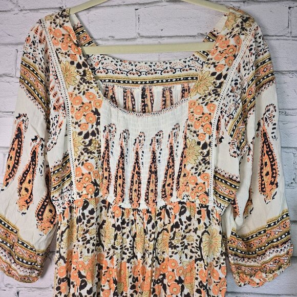 REBELLION BOHO DRESS 3/4 PEASANT SLEEVE SMOCKED BACK HIGH LOW HEM SIZE LARGE - Picture 4 of 7